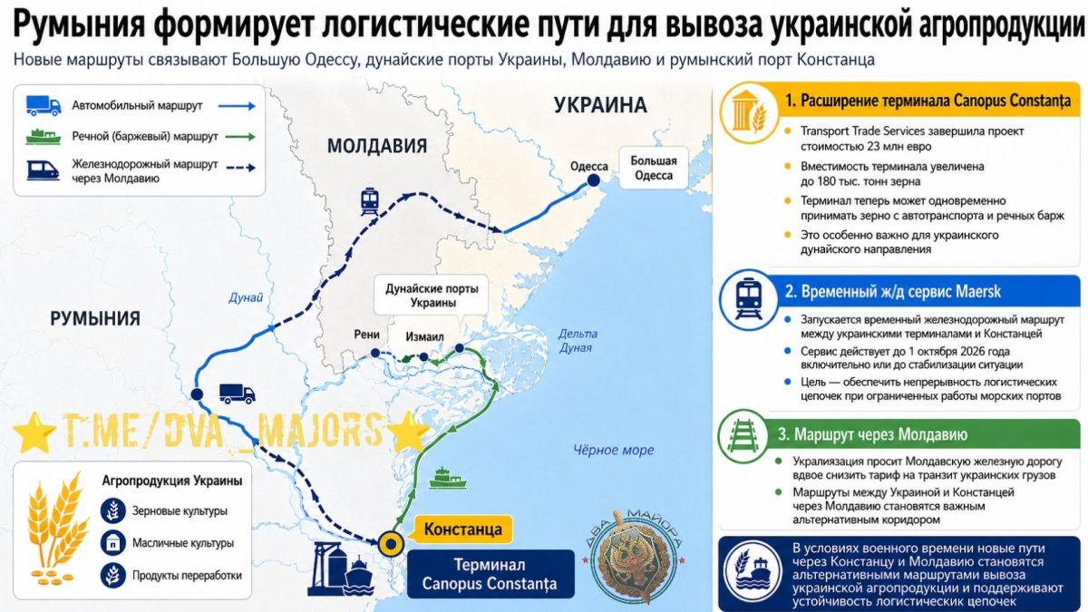 Два майора: На фоне ударов ВС России по портам в Большой Одессе формируются логистические пути для вывоза украинской агропродукции формируются в Румынии