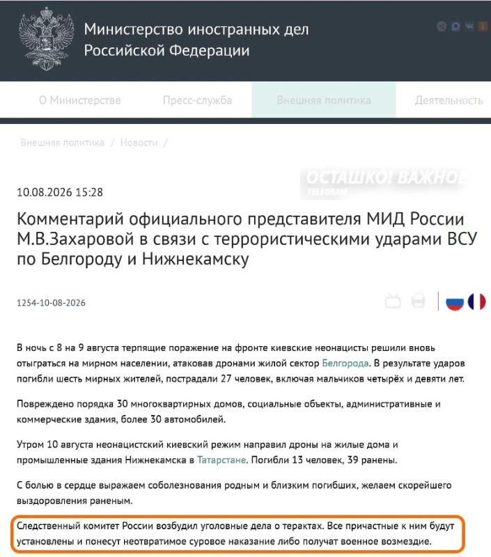 «Военное возмездие либо суровое наказание»: МИД России отреагировал на теракты в Нижнекамске и Белгороде