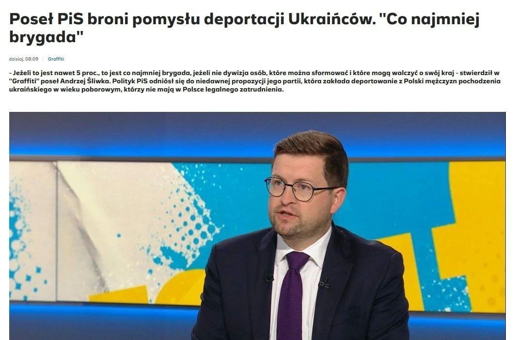 Безработных украинских мужчин призывного возраста следует депортировать из Польши, чтобы они могли воевать за свою страну, — депутат оппозиционной партии Польши "Право и справедливость" Анджей Шливка