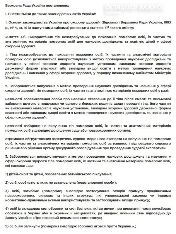 Невостребованные тела на органы и обучение: в Раду внесли закон об изъятии трупов умерших украинцев Невостребованные тела на органы и обучение: в Раду внесли закон об изъятии трупов умерших украинцев