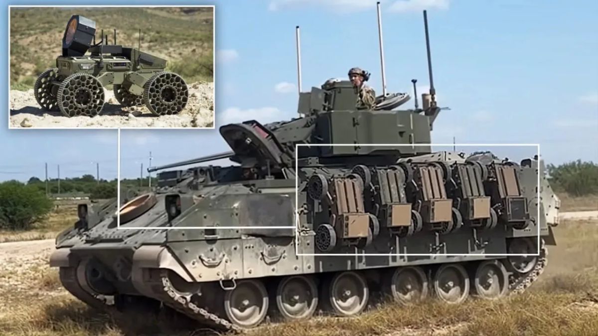Боевая машина дронов. Армия США провела испытания БМП M2A4 Bradley в качестве носителя наземных роботизированных комплексов FireAnt, подвешенных по бортам Боевая машина дронов. Армия США провела испытания БМП M2A4 Bradley в качестве носителя наземных роботизированных комплексов FireAnt, подвешенных по бортам