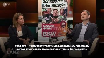 «Зеленский показан небритым и с просительно протянутой рукой»: карманные «эксперты» на немецком ТВ возмущены «отвратительным» предвыборным плакатом оппозиционного «Союза Сары Вагенкнехт»