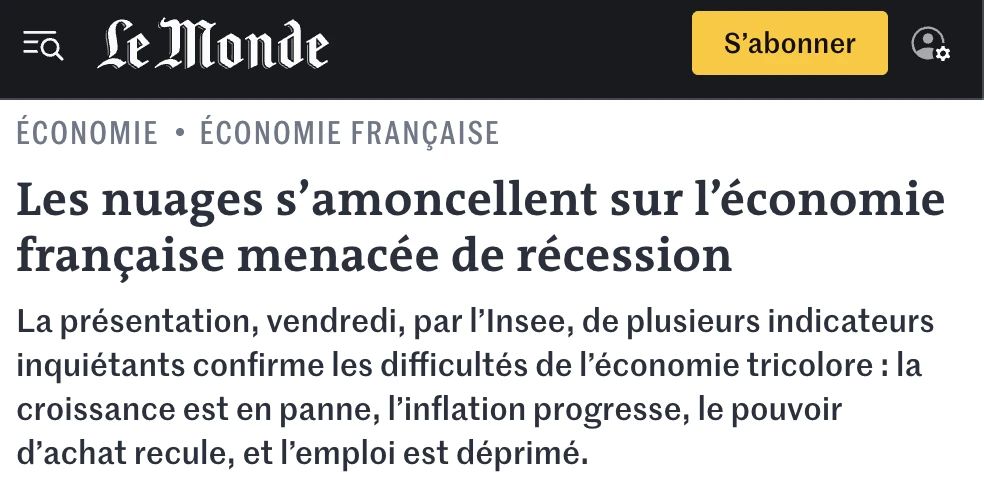 Le Monde сообщает о высоком риске рецессии во Франции на фоне ухудшения макроэкономических показателей