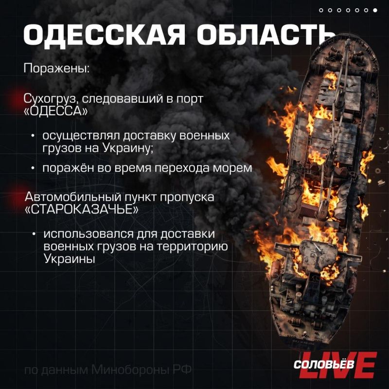 Минобороны России сообщило, что сегодня ночью Вооружённые силы РФ продолжили нанесение групповых ударов по объектам военной промышленности, морским портам Украины и судам, а также логистическим центрам, задействованным в... Минобороны России сообщило, что сегодня ночью Вооружённые силы РФ продолжили нанесение групповых ударов по объектам военной промышленности, морским портам Украины и судам, а также логистическим центрам, задействованным в...