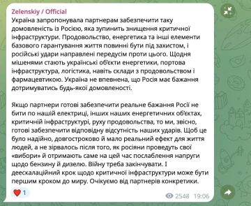 Украина готова прекратить удары по российской критической инфраструктуре если Россия перестанет бить по украинской инфраструктуре, энергетике и продовольствию, заявил Зеленский
