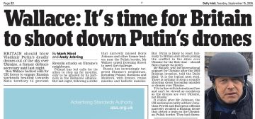 Владимир Корнилов: Daily Mail публикует сегодня призыв бывшего министра обороны Бена Уоллеса и патентованного русофобского ястреба: «Британии пора сбивать дроны Путина»