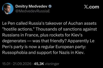Владислав Шурыгин: Зампред Совбеза России Дмитрий Медведев о заявлении лидеров французской партии "Национальное объединение" Марин Ле Пен и Жордана Барделлы: