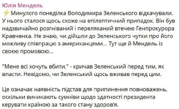 «Все хотят меня убить»: Мендель заявила о приступе у Зеленского после отъезда генпрокурора