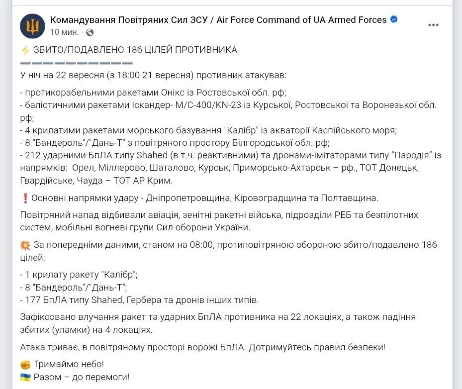 ВСУ не смогли перехватить ни одной баллистической ракеты и ни одного «Оникса» этой ночью — Воздушные силы Украины