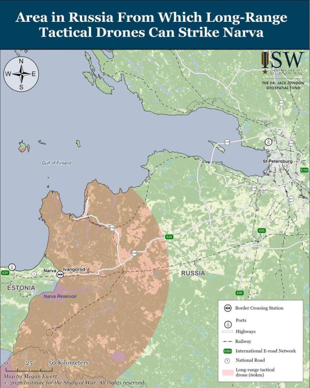 Наброс от Института стратегии войны (ISW) о том, как могло бы выглядеть ограниченное вторжение России в Эстонию — сценарий «Нарва»