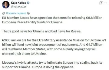 Евросоюз согласовал предоставление Украине 6,6 млрд евро из Европейского фонда мира, сообщила глава евродипломатии Кая Каллас