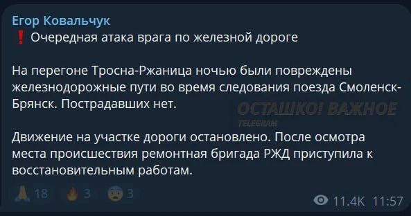 Теракт на железной дороге в Брянской области, движение полностью остановлено