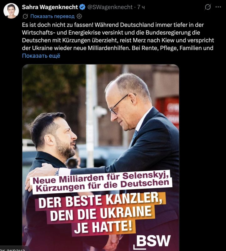 Сара Вагенкнехт потребовала отставки Мерца за трату денег налогоплательщиков на хотелки украинского режима