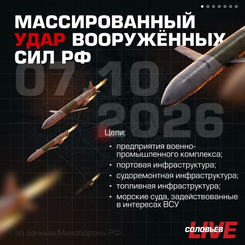 Минувшей ночью Вооружённые силы России нанесли массированный удар высокоточным оружием наземного, морского и воздушного базирования, а также БПЛА по предприятиям военно-промышленного комплекса Украины, объектам портовой и...