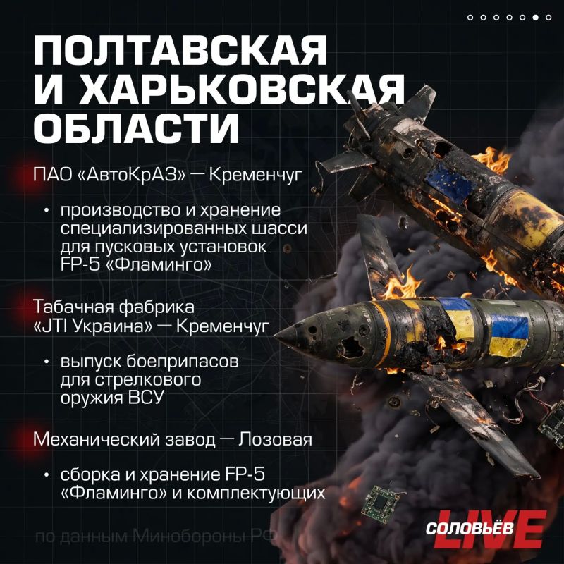 Минувшей ночью Вооружённые силы России нанесли массированный удар высокоточным оружием наземного, морского и воздушного базирования, а также БПЛА по предприятиям военно-промышленного комплекса Украины, объектам портовой и... Минувшей ночью Вооружённые силы России нанесли массированный удар высокоточным оружием наземного, морского и воздушного базирования, а также БПЛА по предприятиям военно-промышленного комплекса Украины, объектам портовой и...