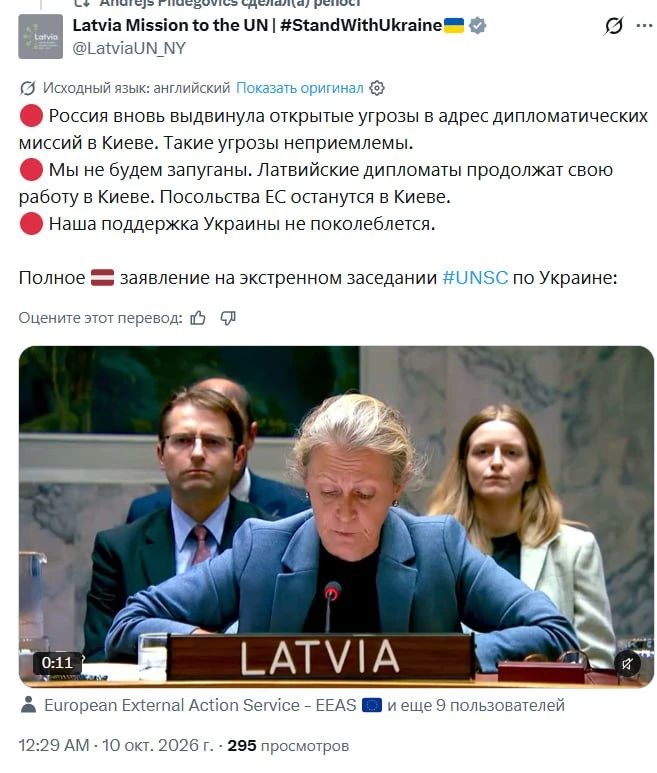 "Мы не будем запуганы". Представитель Латвии в Совбезе ООН не заявила, что республика "не приемлет" "угрозы" со стороны России в адрес дипломатических миссий в Киеве