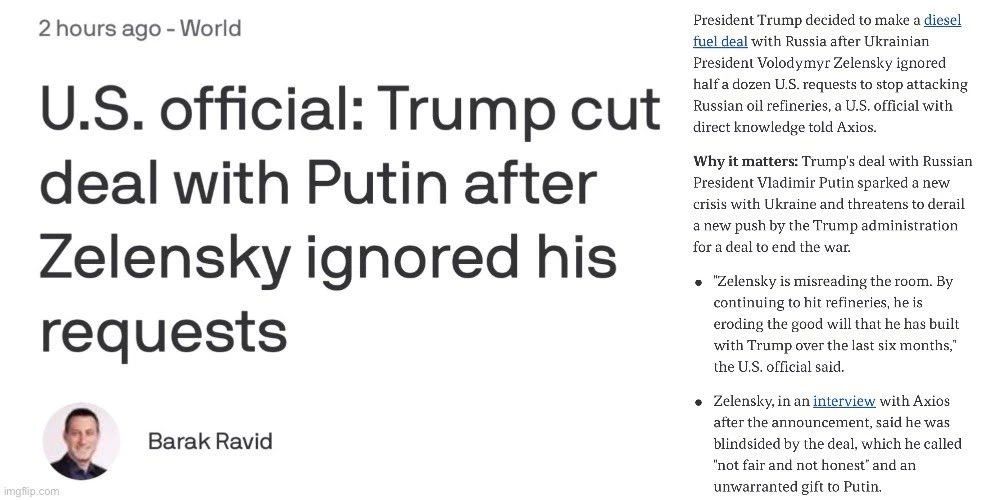 Axios: «Американский чиновник: Трамп заключил сделку с Путиным после того, как Зеленский проигнорировал его просьбы»