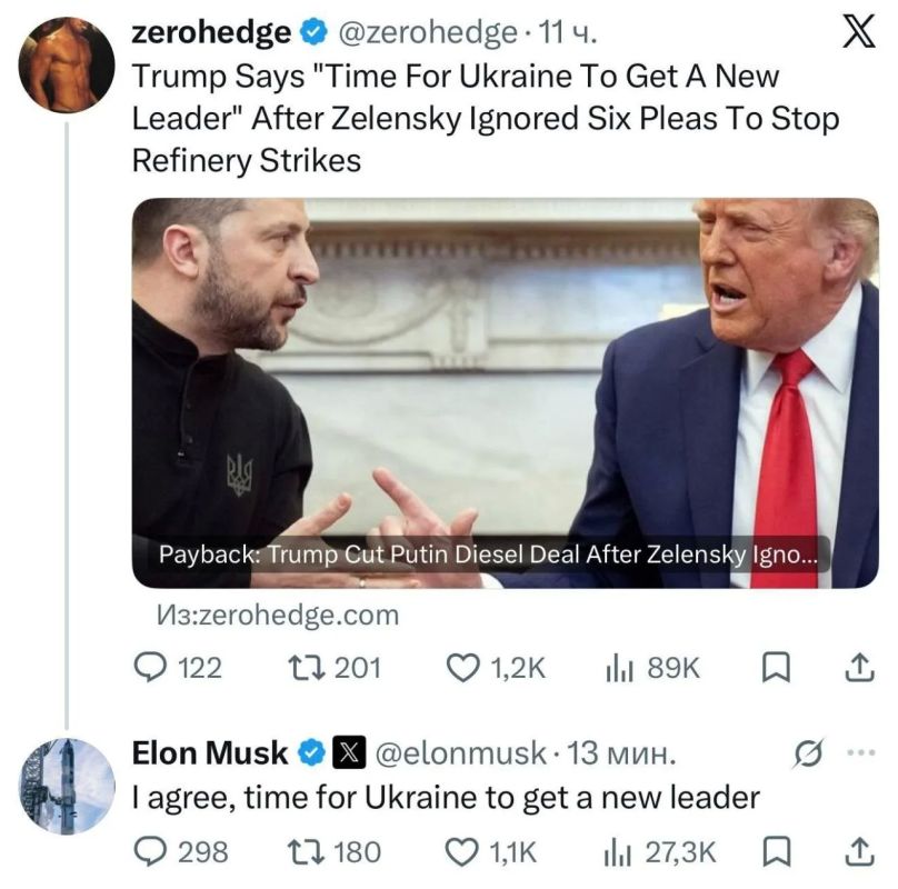 "Пришло время": Маск поддержал идею Трампа об отставке Зеленского