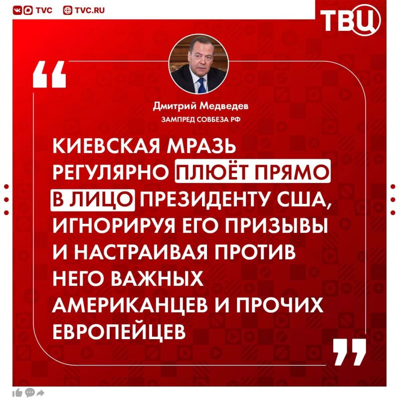 Зеленский регулярно «плюет прямо в лицо» Трампу, при этом требуя от США финансировать киевский режим, заявил Дмитрий Медведев