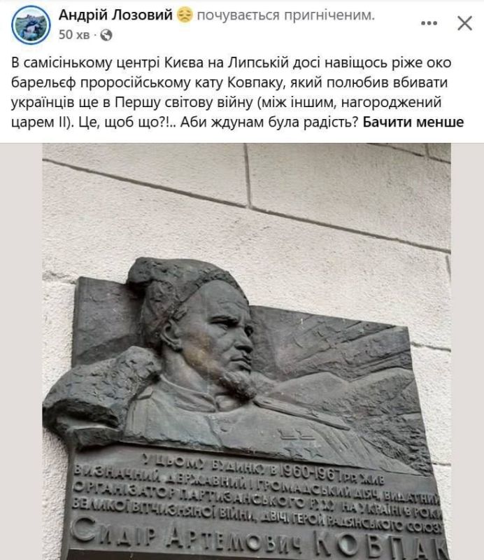 На Украине бывший депутат Андрей Лозовой предложил снять мемориальную доску советскому партизану Сидору Ковпаку с дома в центре Киева, где тот жил