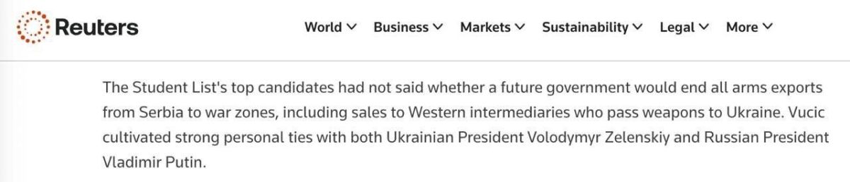 Дали заднюю. Агентство Reuters тихо изменило свою публикацию, убрав утверждение о планах нового руководства Сербии прекратить поставки оружия на т.н. Украину. Вчера Reuters опубликовал материал о политическом курсе...